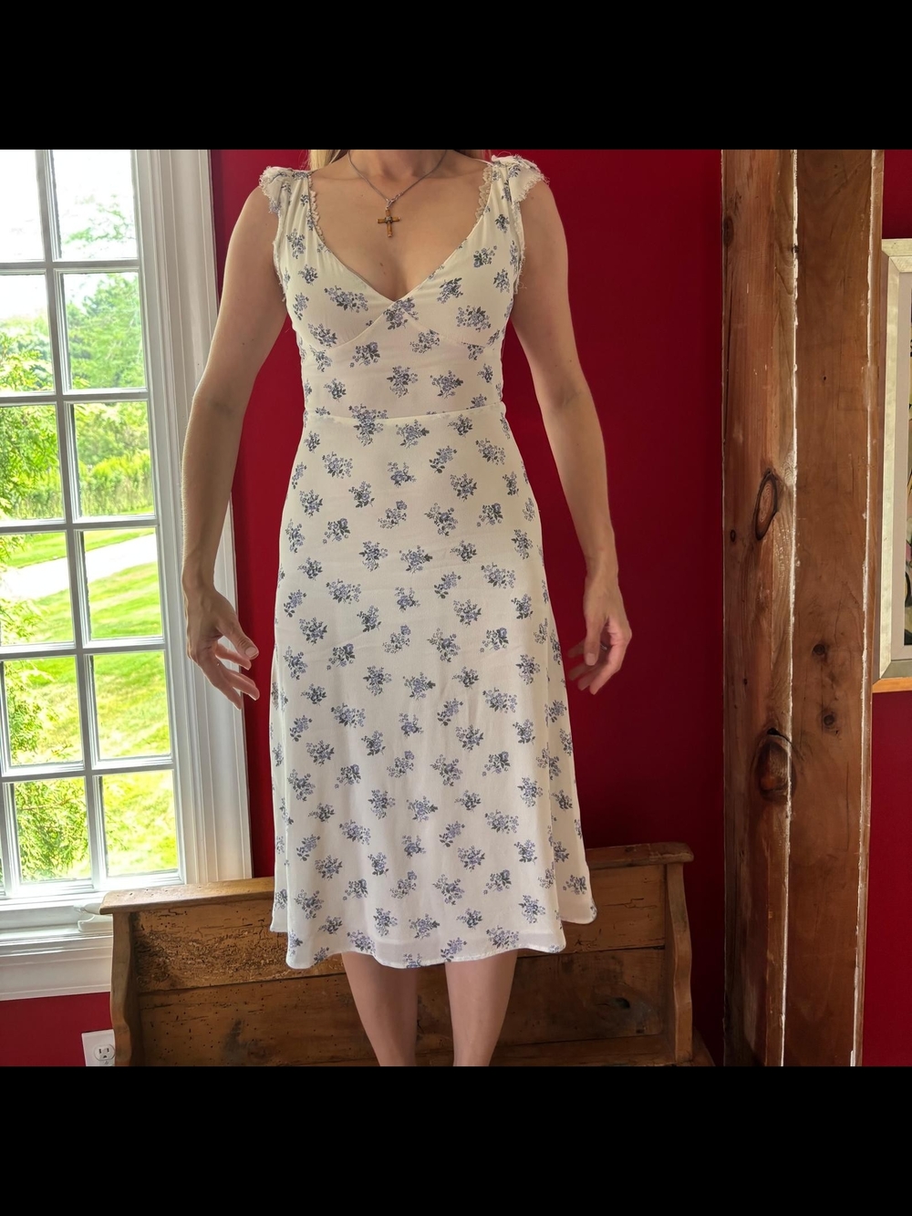 Reformation White Midi Dress with Blue Floral Motif